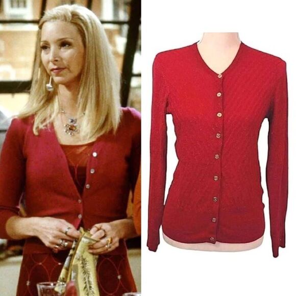 Dana Buchman Red Metallic Gold Chevron Knit Button Up Cardigan Medium - Picture 15 of 15